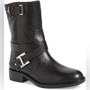 Louise Et Cie Black Leather Moto Valencia Round Toe Block Heel Ankle Boots Sz 7